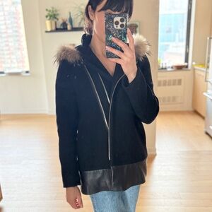 Sandro Black Wool Coat with Leather detail and Fur Hood